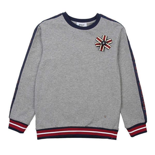 AYGEY Girls Grey Sweater With Red And Blue Stripes