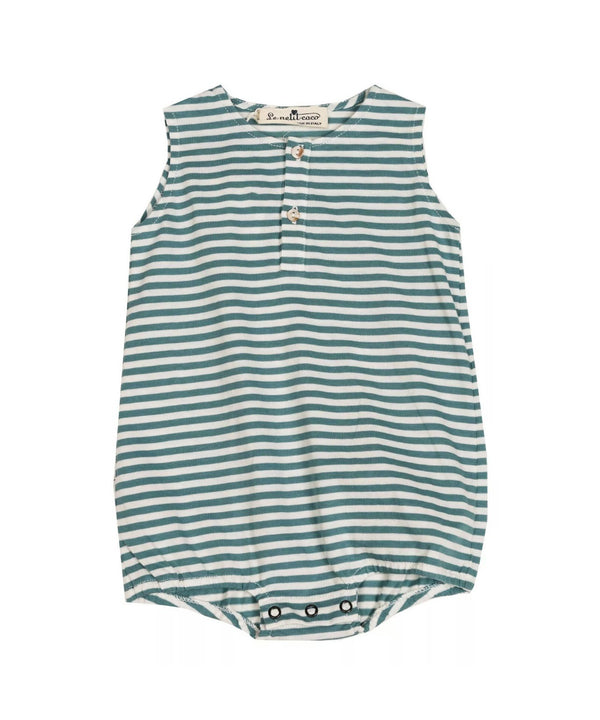 LE PETIT COCO Baby Green Stripped Romper With Buttons