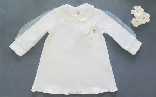 MISS BLUMARINE Baby Girl White Dress With Tulle Sleeves & Logo