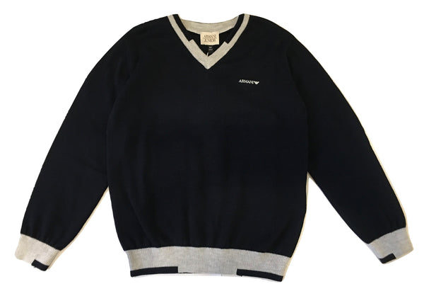 Armani Boys Navy Blue And Grey V Neck Sweater With Front Logo