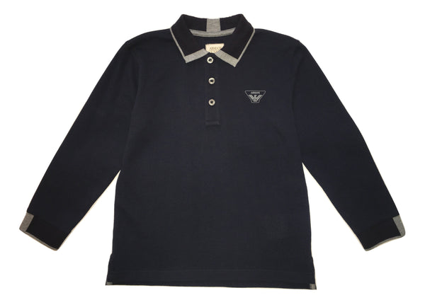 Armani Boys Navy Blue And Grey Long Sleeves Polo With Front Logo