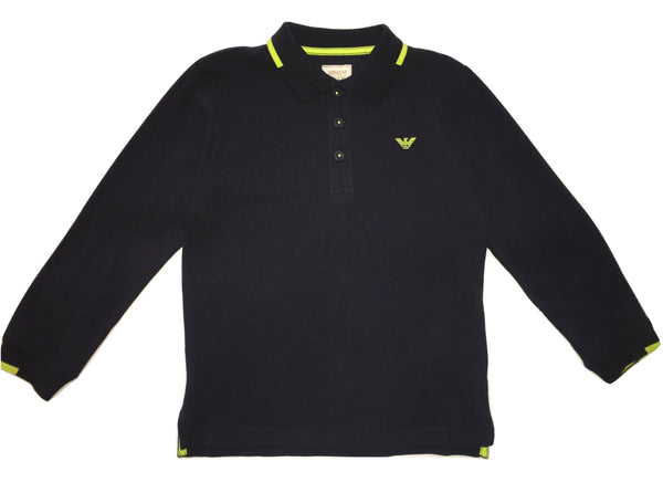 Armani Boys Navy Blue And Green Long Sleeves Polo With Front Logo