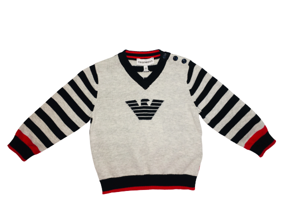 Armani Baby Boys Blue, Grey and Red Striped Jumper With Logo