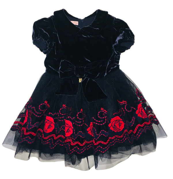 Blumarine Girls Navy Blue Ruffle Dress With Red Roses