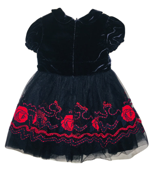 Blumarine Girls Navy Blue Ruffle Dress With Red Roses