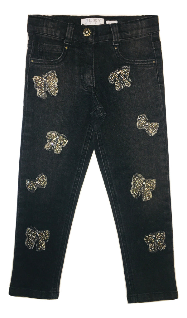 Elsy Girls Grey Skinny Jeans With Front Glittery Bows
