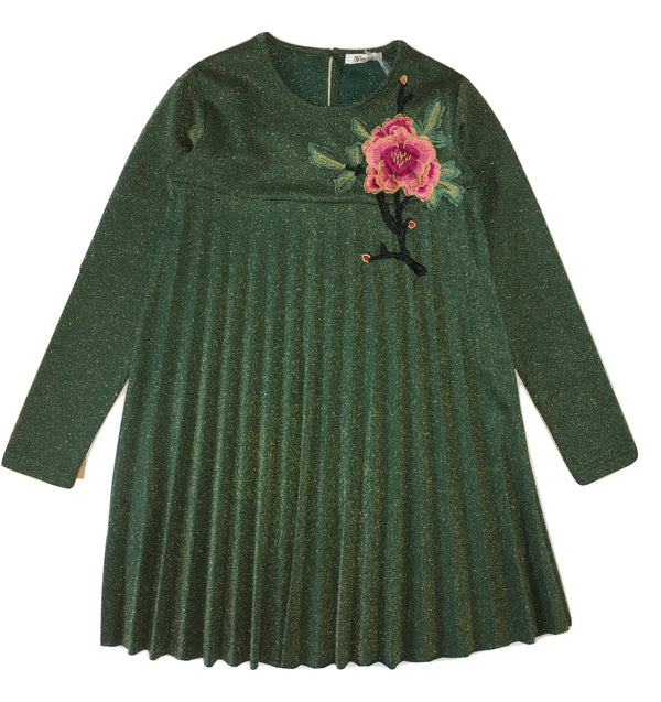 Gaialuna Girls Green Dress With Sparkle and Front Flower