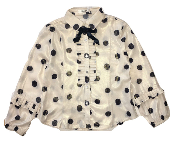 Gaialuna Girls Cream/ Goldish And Black Polka Dots Shirt