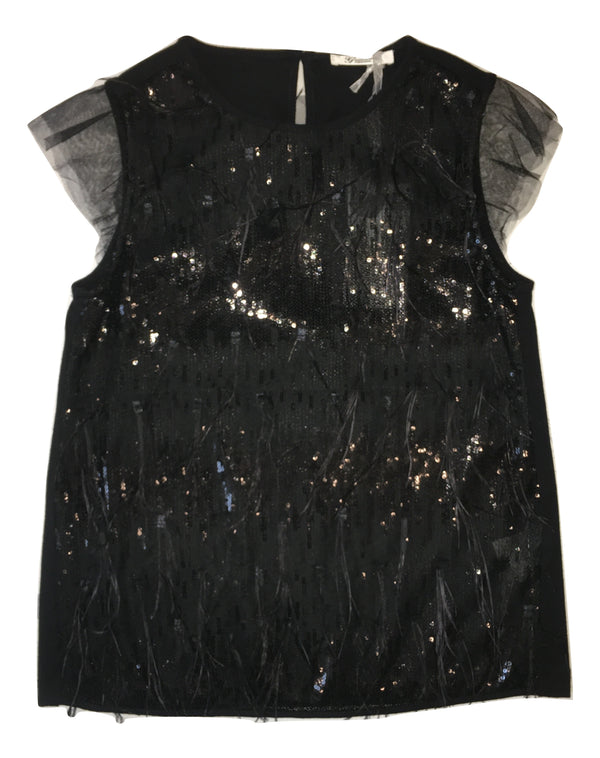 Gaialuna Girls Black Top With Sequin And Feather