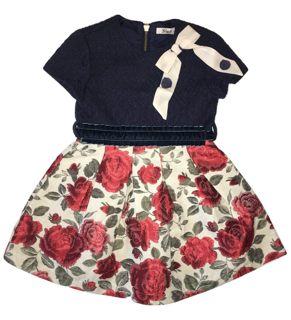 Gaialuna Girls Blue And Cream Dress With Red Roses