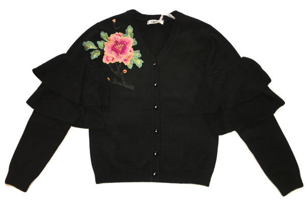 Gaialuna Girls Black Cardigan With Front Shoulder Flower