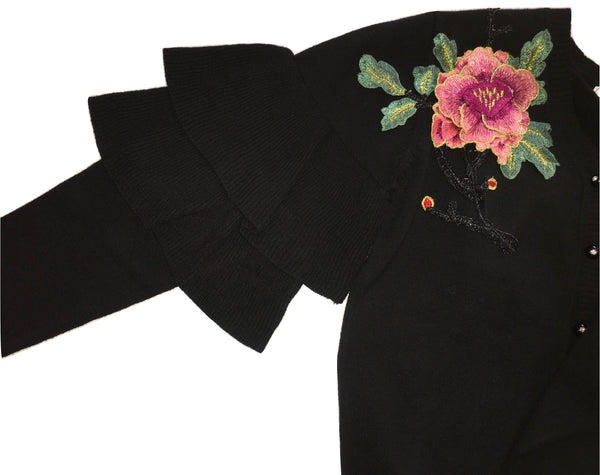 Gaialuna Girls Black Cardigan With Front Shoulder Flower