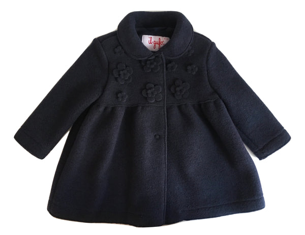 Il Gufo Girls Navy Blue Wool Coat With Beautiful Flowery Pattern