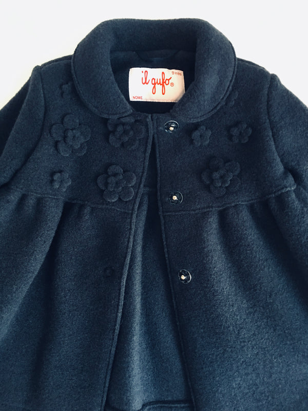 Il Gufo Girls Navy Blue Wool Coat With Beautiful Flowery Pattern