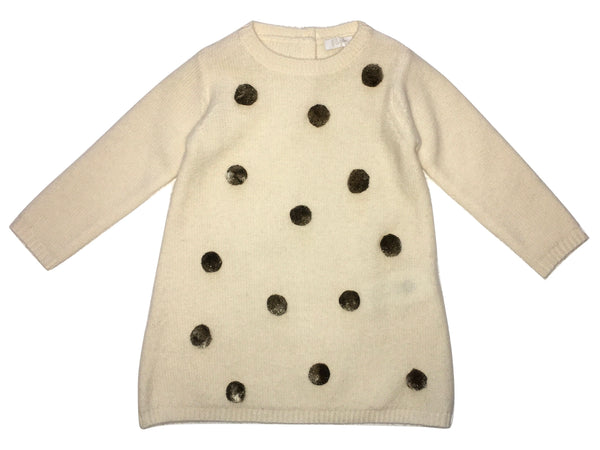 Il Gufo Baby Girls Cream And Brown Pom Pom Knit Wool Dress