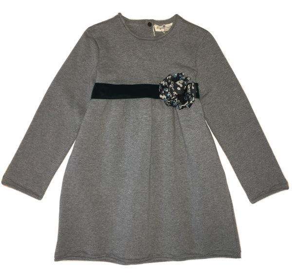 Le petit coco Girls Grey Dress With Green From Silk Flower