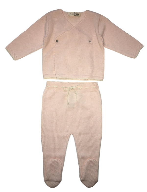 Le petit coco Baby Girls Pink And White Wool Set Of Trousers And Cardigan