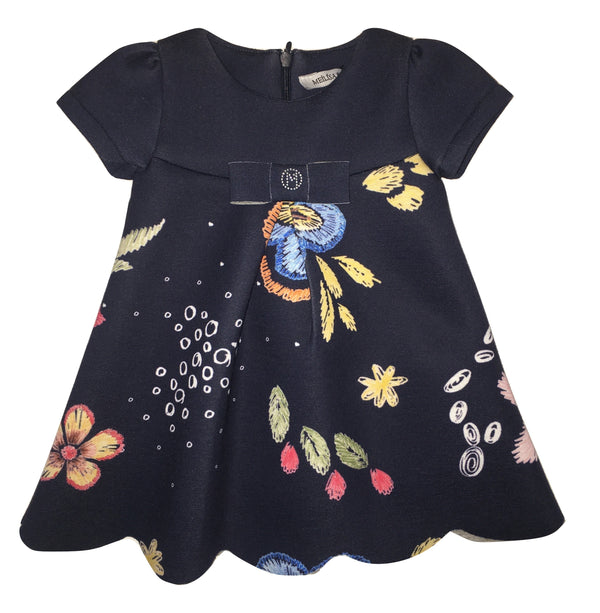 Meilisa Bai Baby Girls Navy Blue Flowery Dress With Bow