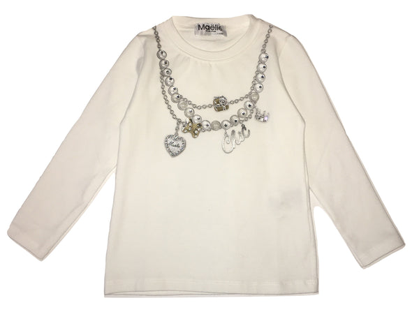 Maelie Girls White Long Sleeves Top With Front Neckless Printed