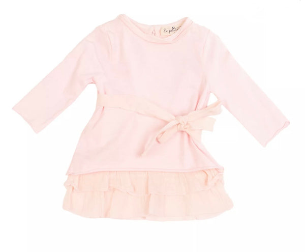 LE PETIT COCO Baby Girl Light Pink Dress Layered With Tie Belt