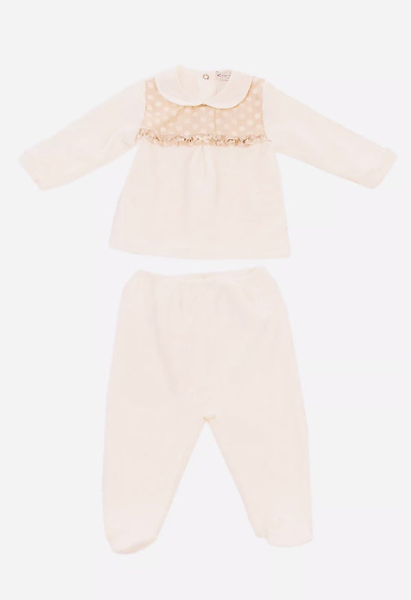 PERDIPIU Velour Ivory Baby Girls Top & Trousers Set With Peter Pan Collar