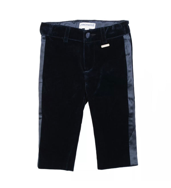 SIMONETTA Tiny Boys Navy Blue Velour & Satin Trousers With Logo