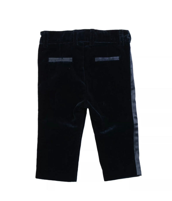 SIMONETTA Tiny Boys Navy Blue Velour & Satin Trousers With Logo