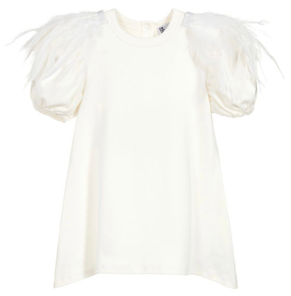 THE TINY UNIVERSE Baby Girl Ivory Dress With Feathers & Logo