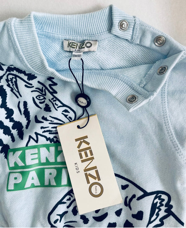 KENZO Baby Light Blue Jumper With Tiger Front Print and Logo