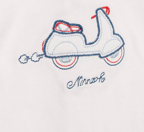 NINNAOH Baby White Collared Babygrow With Front Logo & Vespa