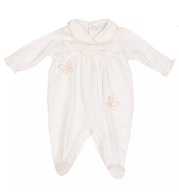 CICCINO Baby White Girl Collared Babygrow With Butterfly Details