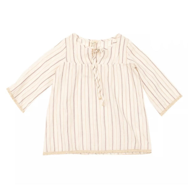 CAFFE D'ORZO Girls Ivory & Beige Dress With Stripped Pattern