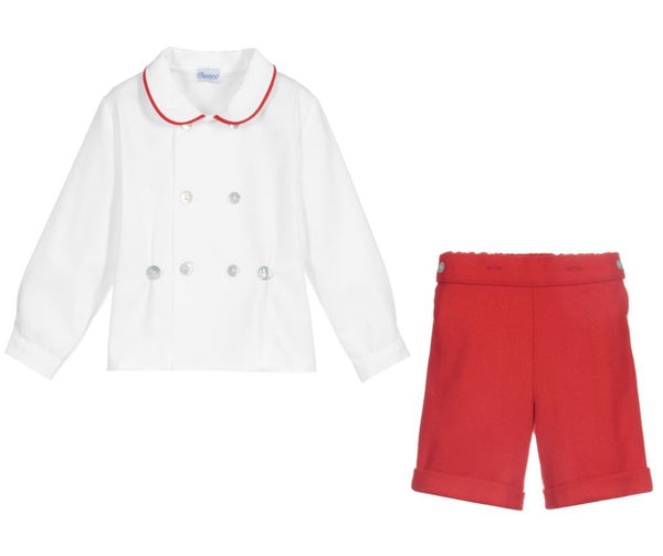 ANCAR Red & White Boys Buster Suit With Collared Shirt & Shorts