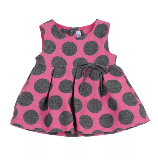 ALETTA Girls Pink Dress With Grey Polka Dots & Bow Detail