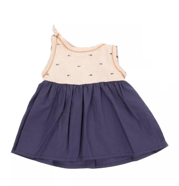 MESSAGE IN THE BOTTLE Baby Girl Linen Dress Navy Blue & Beige