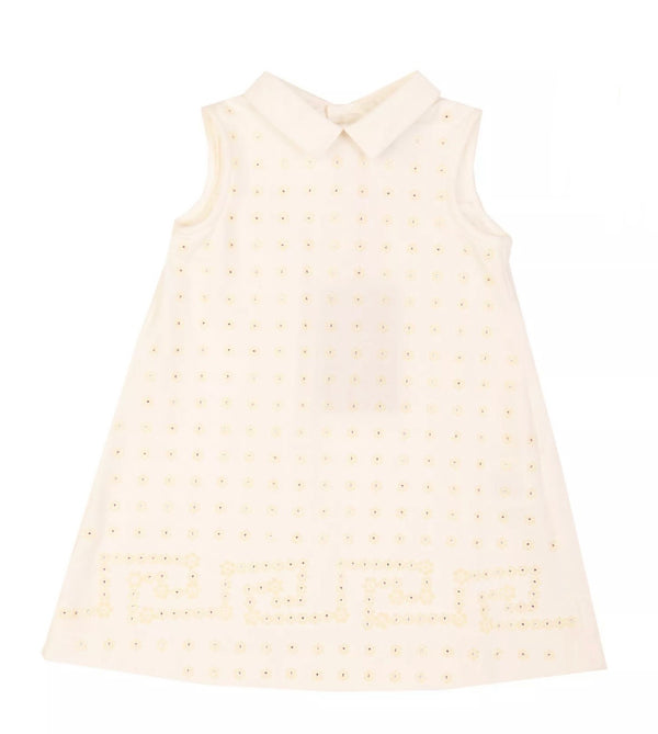 YOUNG VERSACE Baby Girl Ivory Dress With Rhinestones Greek Key Pattern