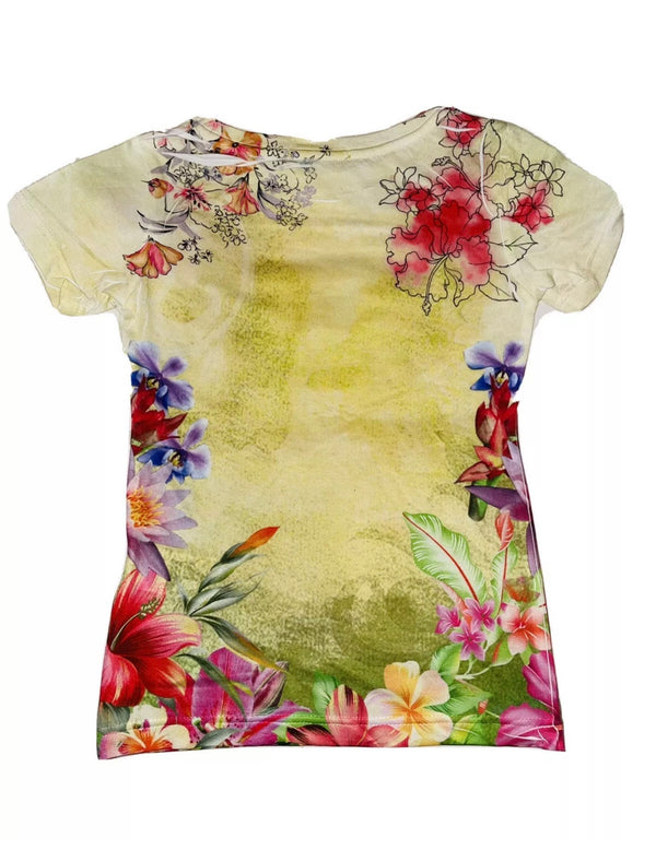 GF FERRE' Girls Yellow T-Shirt With Floral Pattern And Embellished Stones