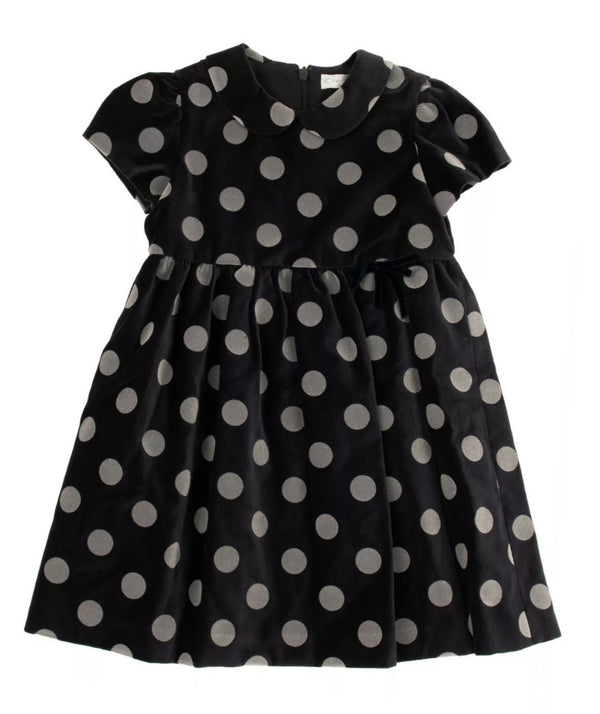 PERDIPIU' Girls Navy Blue Velvet Dress With Polka Dots Pattern
