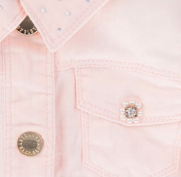ELSY Baby Girl Light Peach Jeans Jacket With Stones & Pearls