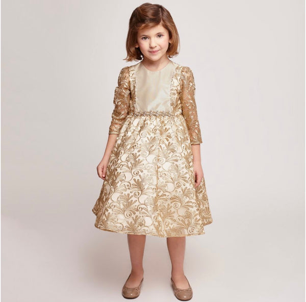 GRACI Girls Embroidered Gold Dress With Little Diamonds