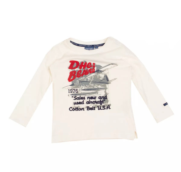 COTTON BELT Ivory T-Shirt Top With Airplane Print & Logo