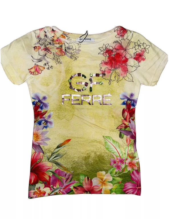 GF FERRE' Girls Yellow T-Shirt With Floral Pattern And Embellished Stones