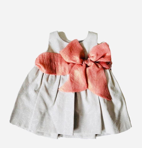 MEBI NATURE Stunning Baby Girls Dress Grey / Pink With Bow