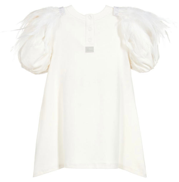 THE TINY UNIVERSE Baby Girl Ivory Dress With Feathers & Logo
