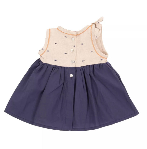 MESSAGE IN THE BOTTLE Baby Girl Linen Dress Navy Blue & Beige