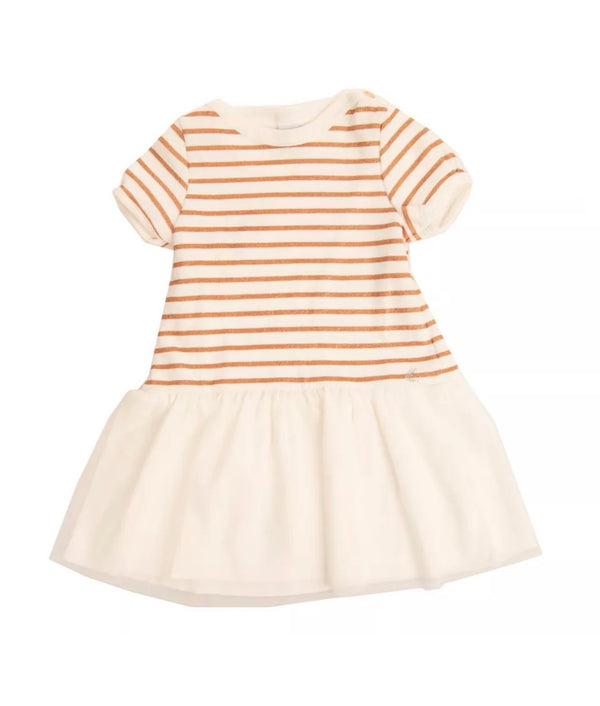 PETIT - BATEAU Girls Ivory & Gold Tulle Dress With Logo