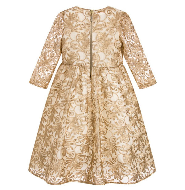 GRACI Girls Embroidered Gold Dress With Little Diamonds