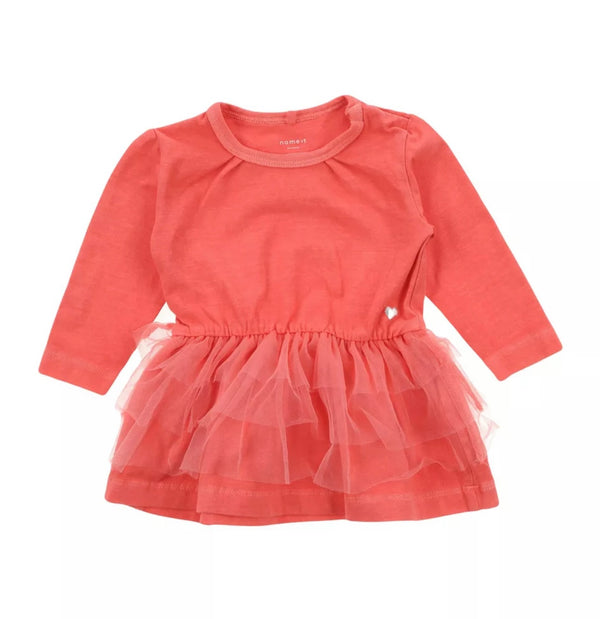 NAME IT Baby Girl Red Organic Cotton Dress With Tulle Detail