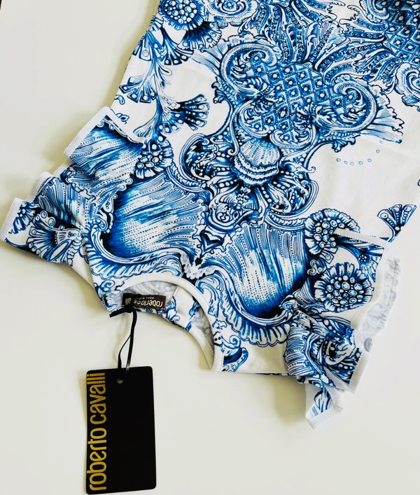 Roberto Cavalli Girls Tile Printed Blue and Ivory Dress