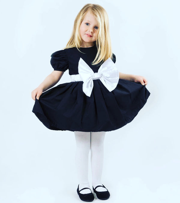 THE TINY UNIVERSE Girls Black & White Cotton Dress With Bow